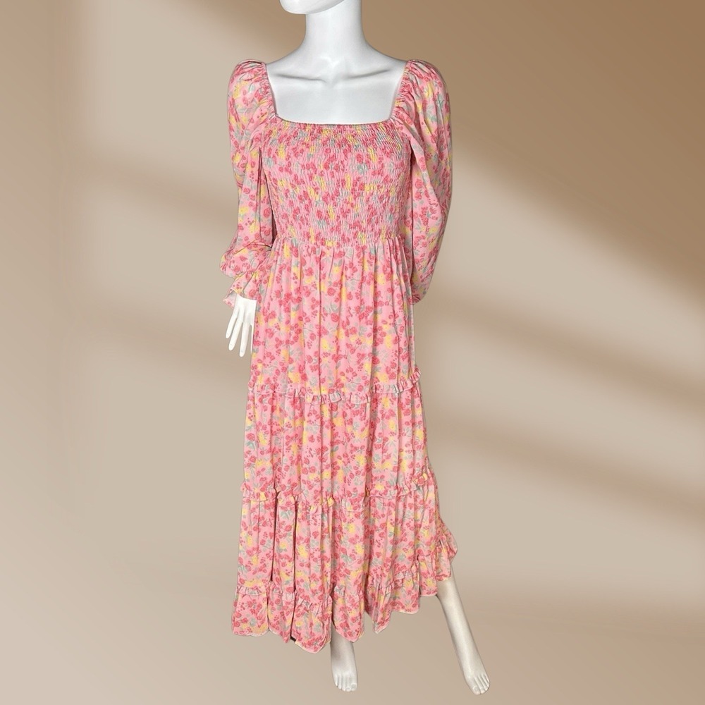 R. Yiposha Women Size Small 4/6 Pink Floral Print Waist 100% Poly Maxi Dress